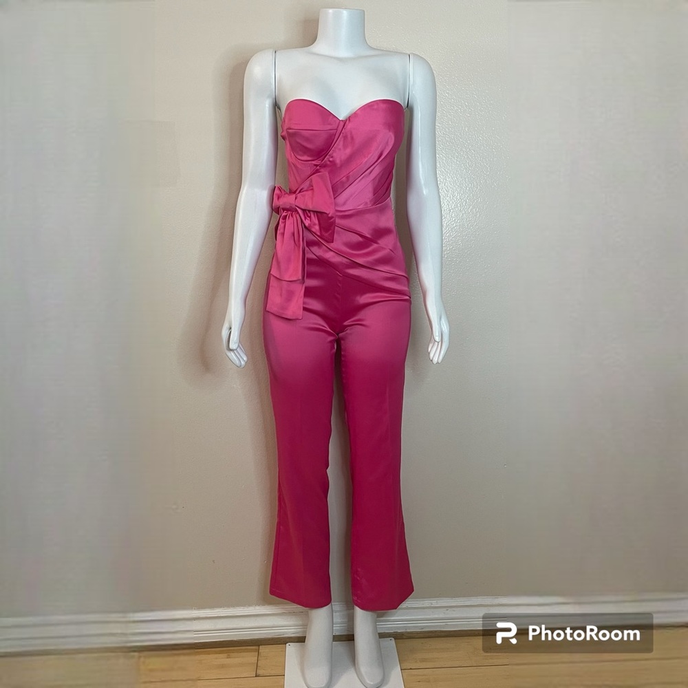 Hot pink strapless sweetheart neckline bow on side jumpsuit